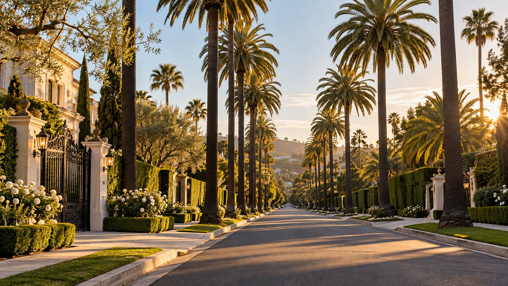 Illustrative Beverly Hills palm-lined residential avenue