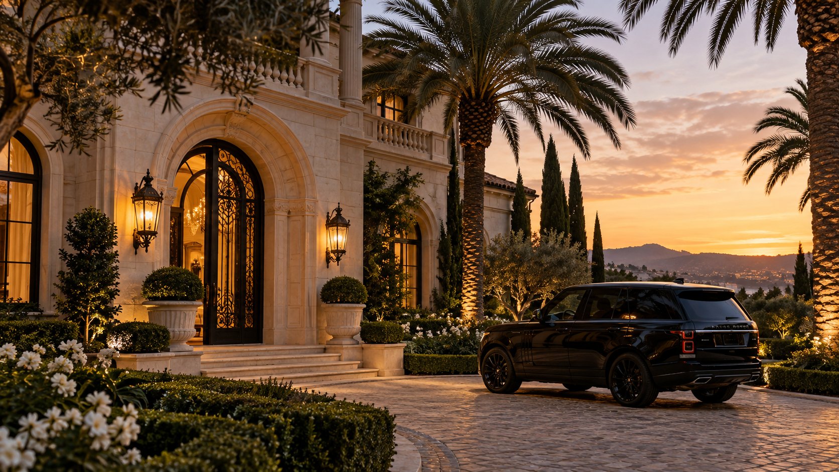 Illustrative mansion arrival with a black luxury SUV