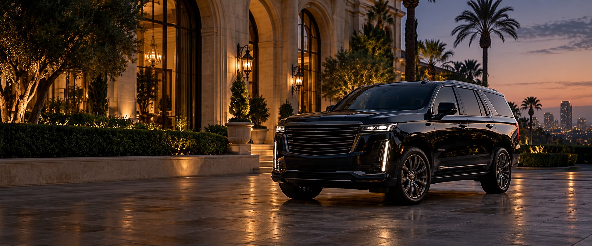 Illustrative black executive SUV at an elegant architectural setting