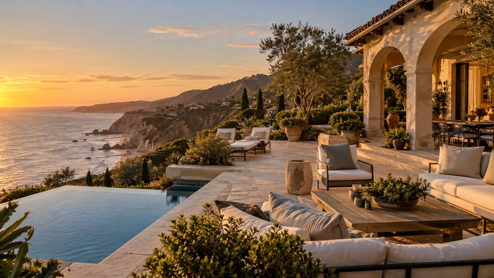 Illustrative Malibu coastal estate terrace